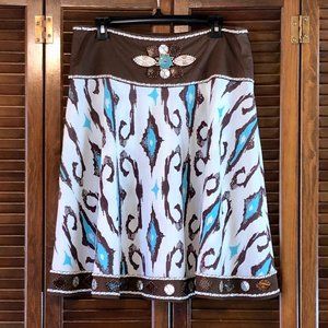 Boston Proper Short Brown White Teal Embellished Skirt